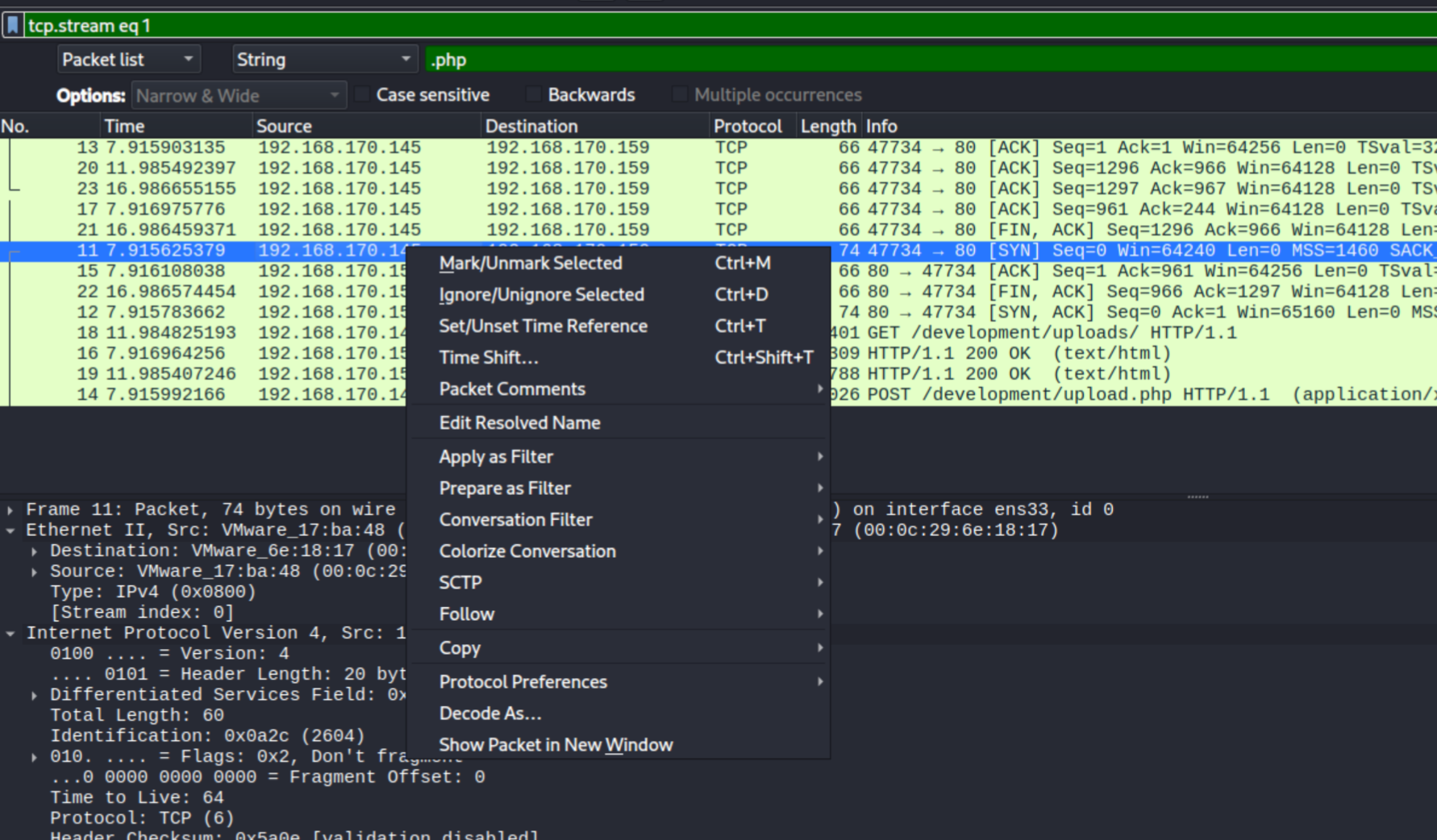 Wireshark TCP stream 1 showing the HTTP exchange in plaintext